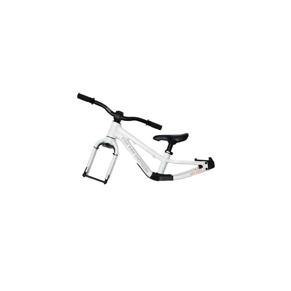 Kids Ride Shotgun Dirt Hero balance bike frame kit in Arctic Storm White, designed for kids' ride-on dirt bikes.