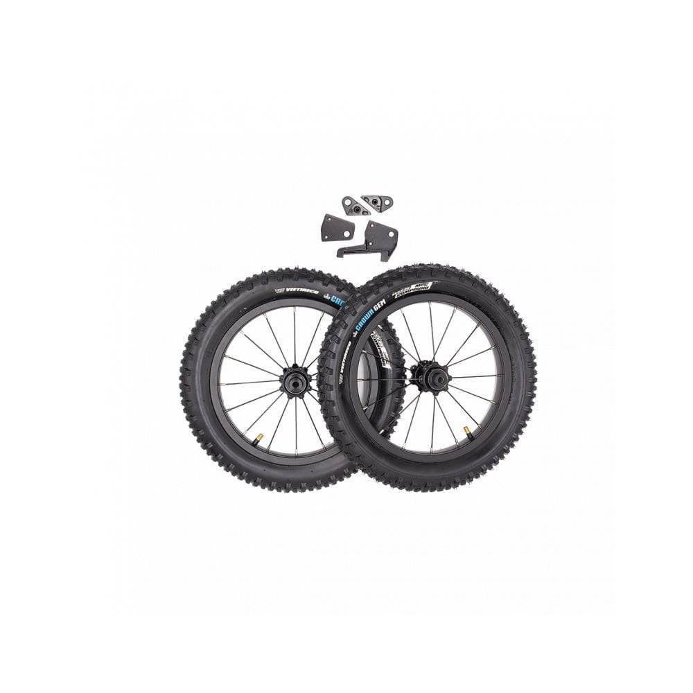 Kids Ride Shotgun Dirt Hero 14-inch wheel kit with Vee Crown Gem tyres and disc brake mount in black, designed for kids' ride-on bikes.