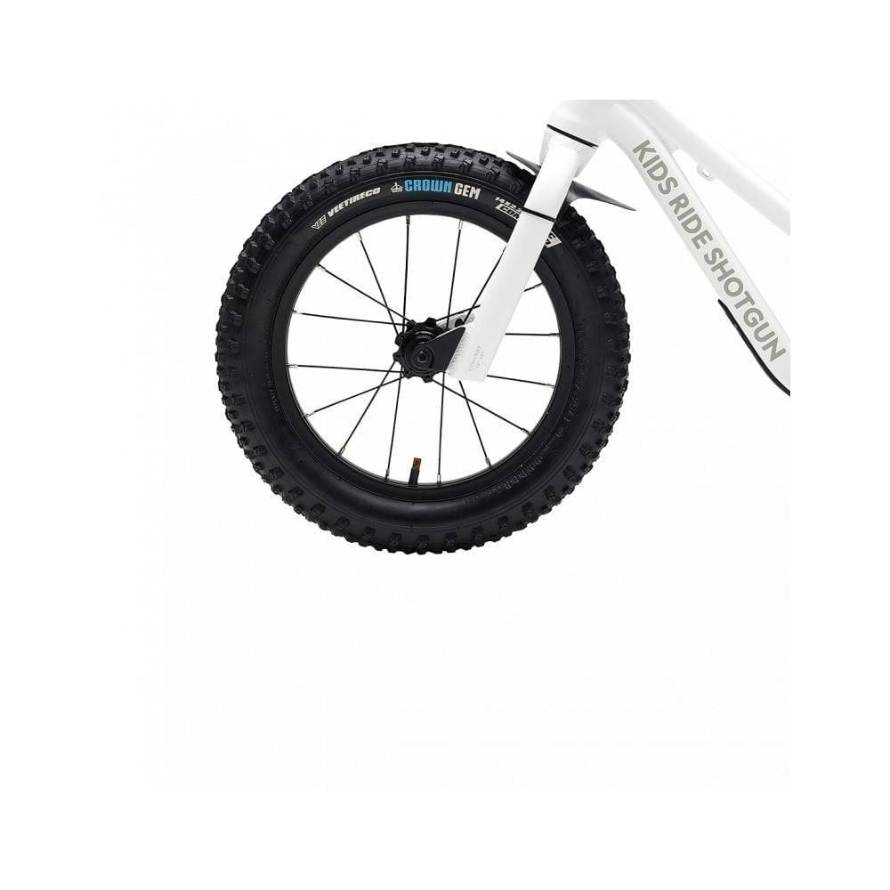 Kids Ride Shotgun Dirt Hero 14-inch wheel kit with Vee Crown Gem tires, disc brake mount, black accessories for kids' bikes.