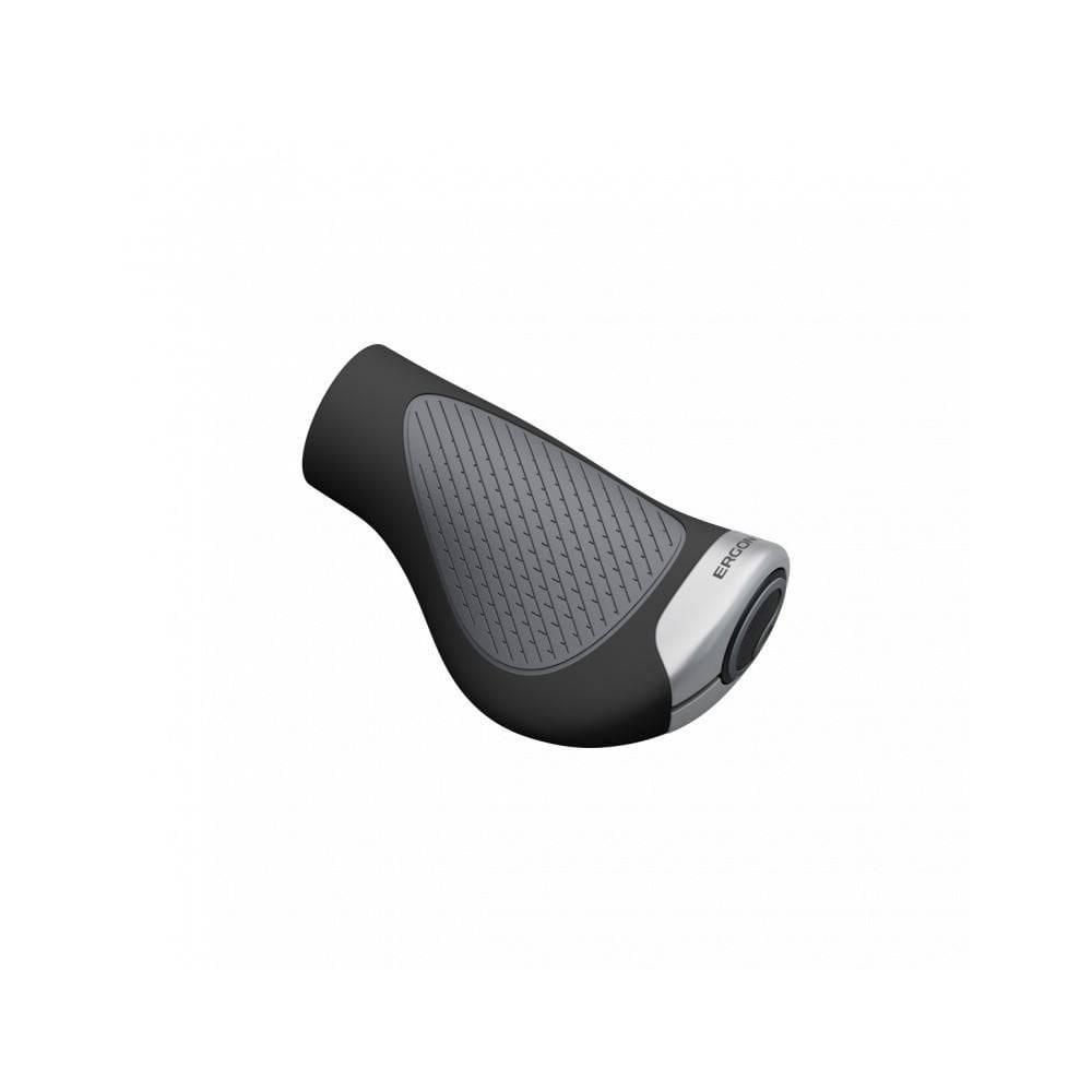 Ergon GP1 Evo single twistshift grips in black and grey with aluminium clamp for Nexus Rohloff bikes, close-up view.