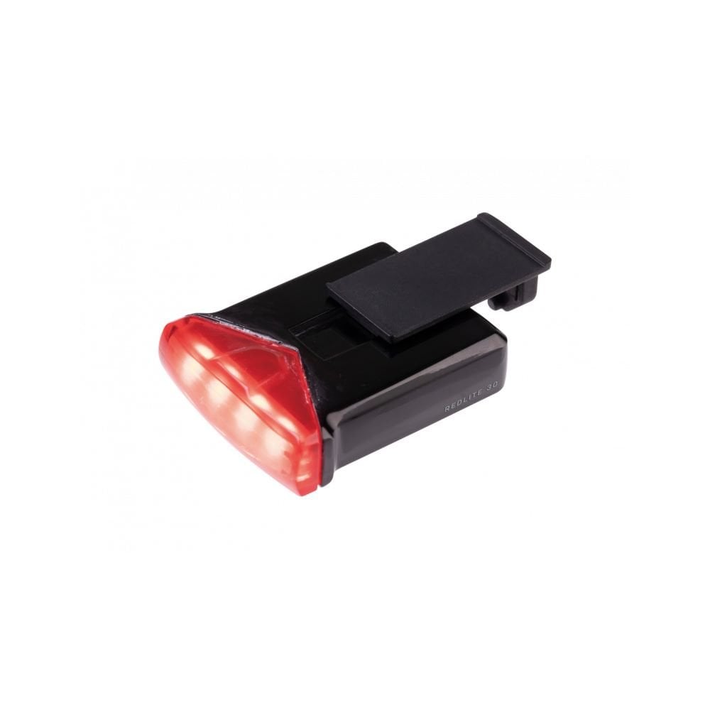 Topeak Redlite 30 black USB rechargeable rear bike light with 30 lumens, waterproof IPX6, mounted on a bicycle.