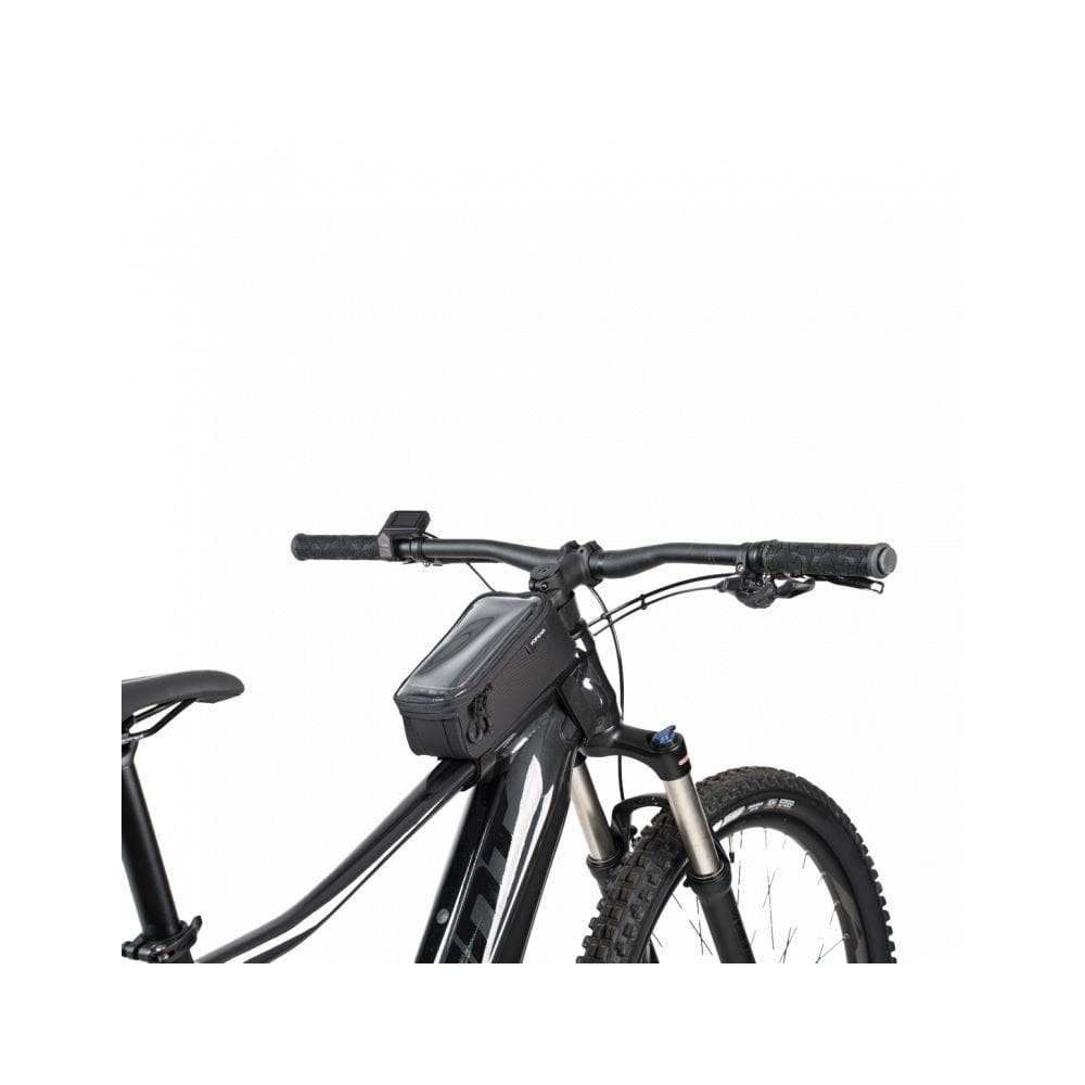Topeak Bento Pack black top tube bike bag with phone case and organizer, mounted on a bicycle frame for accessories storage.