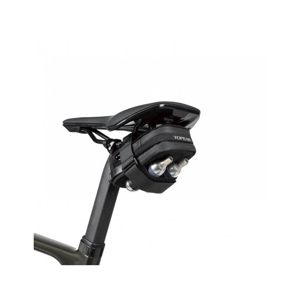 Topeak Elementa Gearbag Pro black waterproof bike seat bag with compact design and tool storage for cycling accessories.