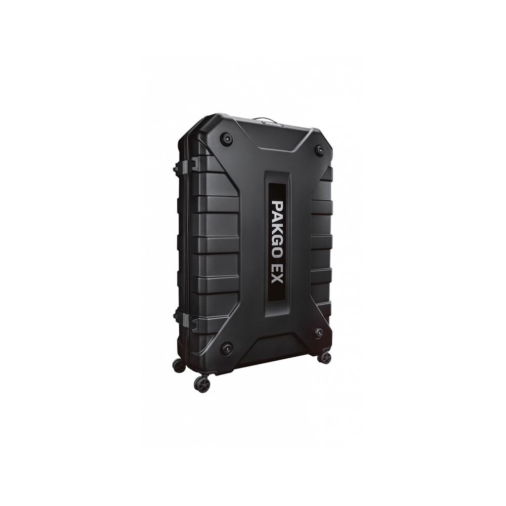 Topeak Pakgo EX black bike case with multi-directional wheels, designed for secure bike transport and easy handling.