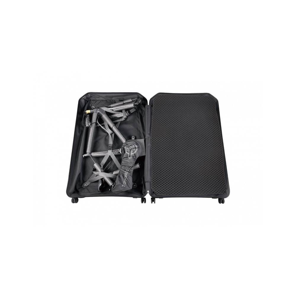 Topeak Pakgo EX bike transport case in black with multi-directional wheels, designed for secure bike travel accessories.