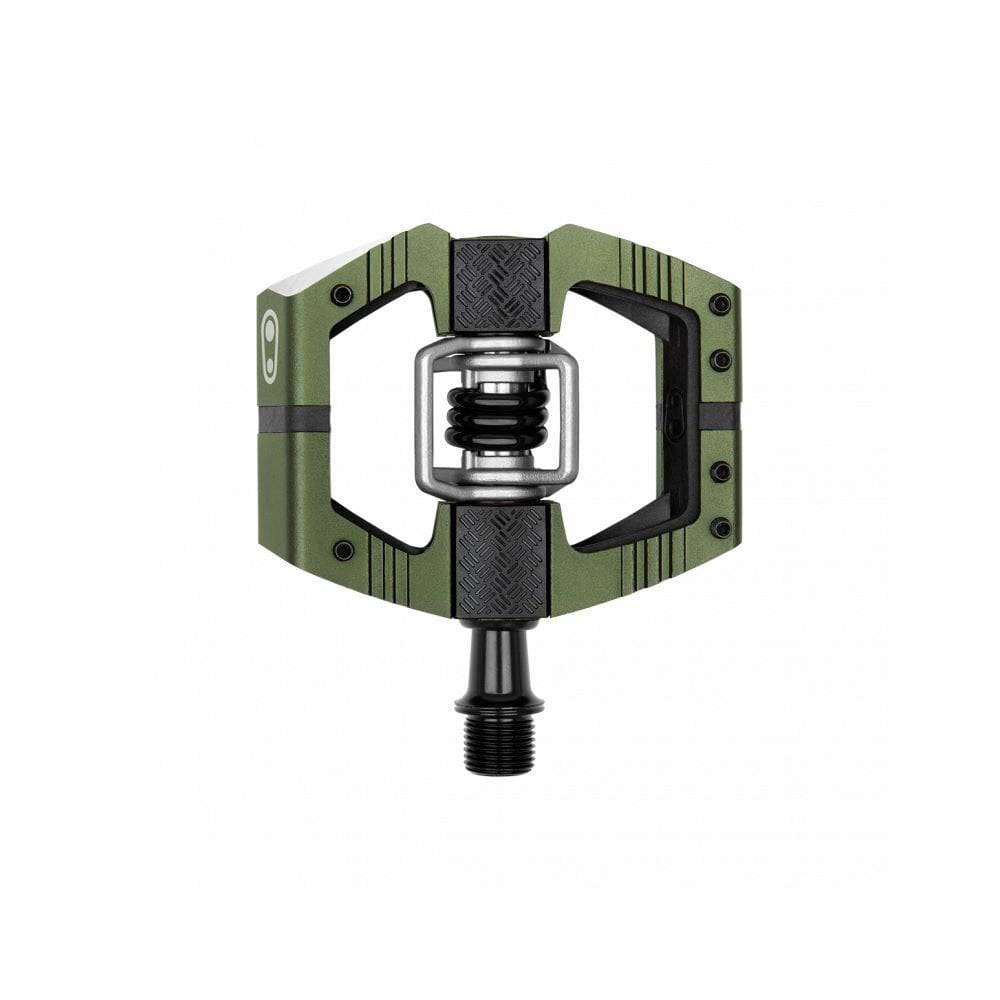 Crankbrothers Mallet E LS clipless enduro pedal with adjustable float and axle options, shown mounted on a bike crankset.