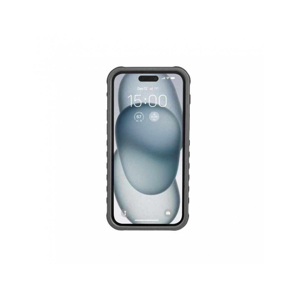 Topeak iPhone 15 Plus Ridecase in black with flip stand and charging support, showing durable protective accessory with ergonomic design.