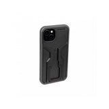 Topeak iPhone 15 Plus Ridecase in black with flip stand and charging support, showcasing rugged protective features.
