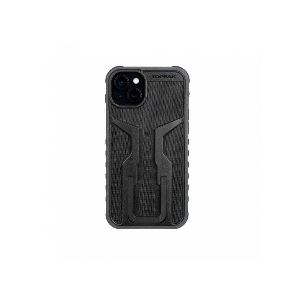 Topeak iPhone 15 Plus Ridecase in black, protective phone case with flip stand and charging support, accessory for mobile protection.