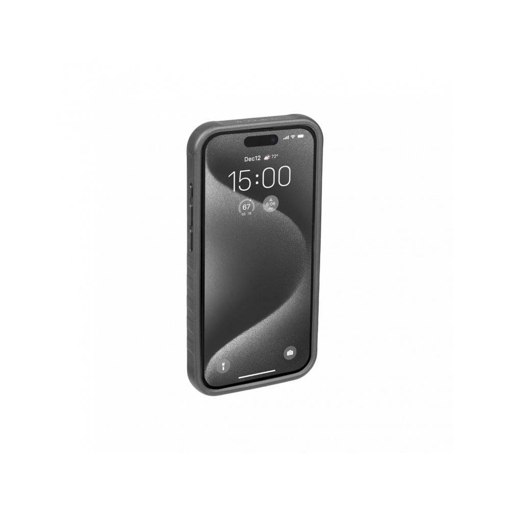 Topeak iPhone 15 PRO Ridecase in black with adjustable stand, protective phone case with accessory features.