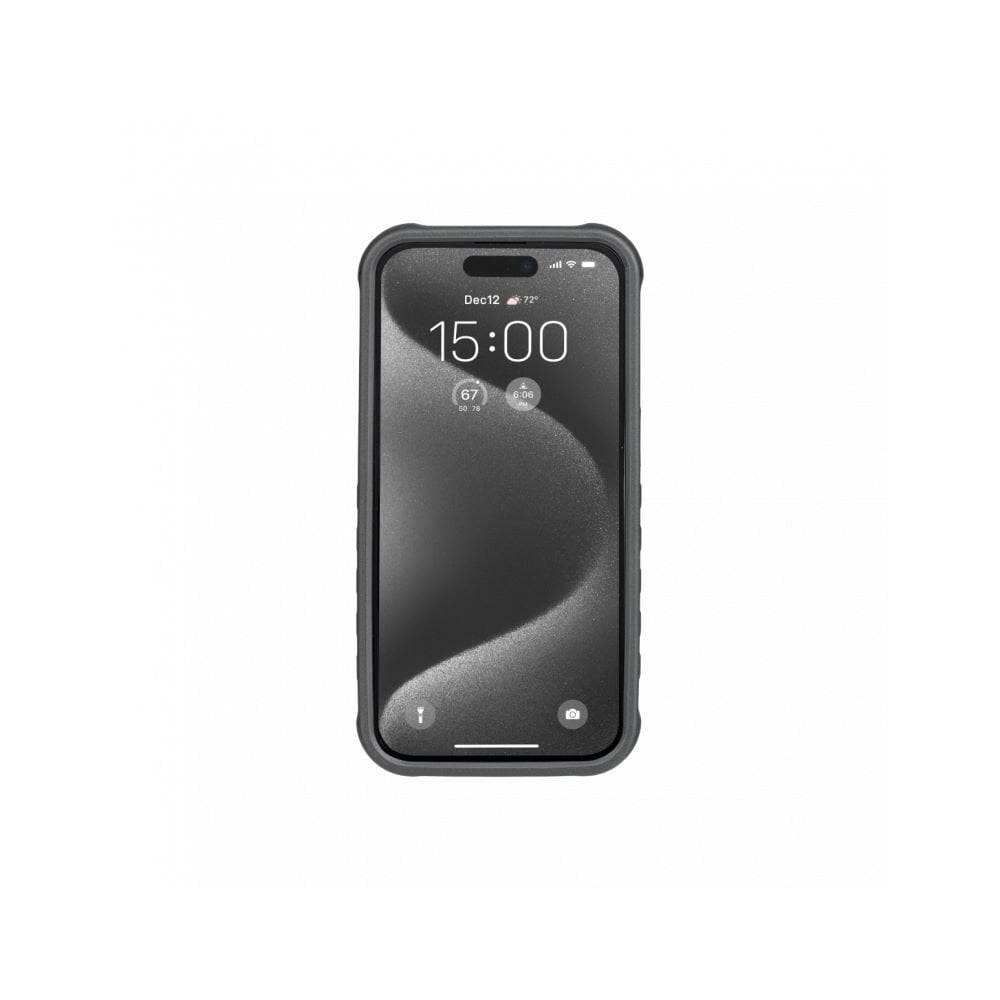 Topeak iPhone 15 PRO Ridecase in black with adjustable stand, durable protective phone case with accessory features.