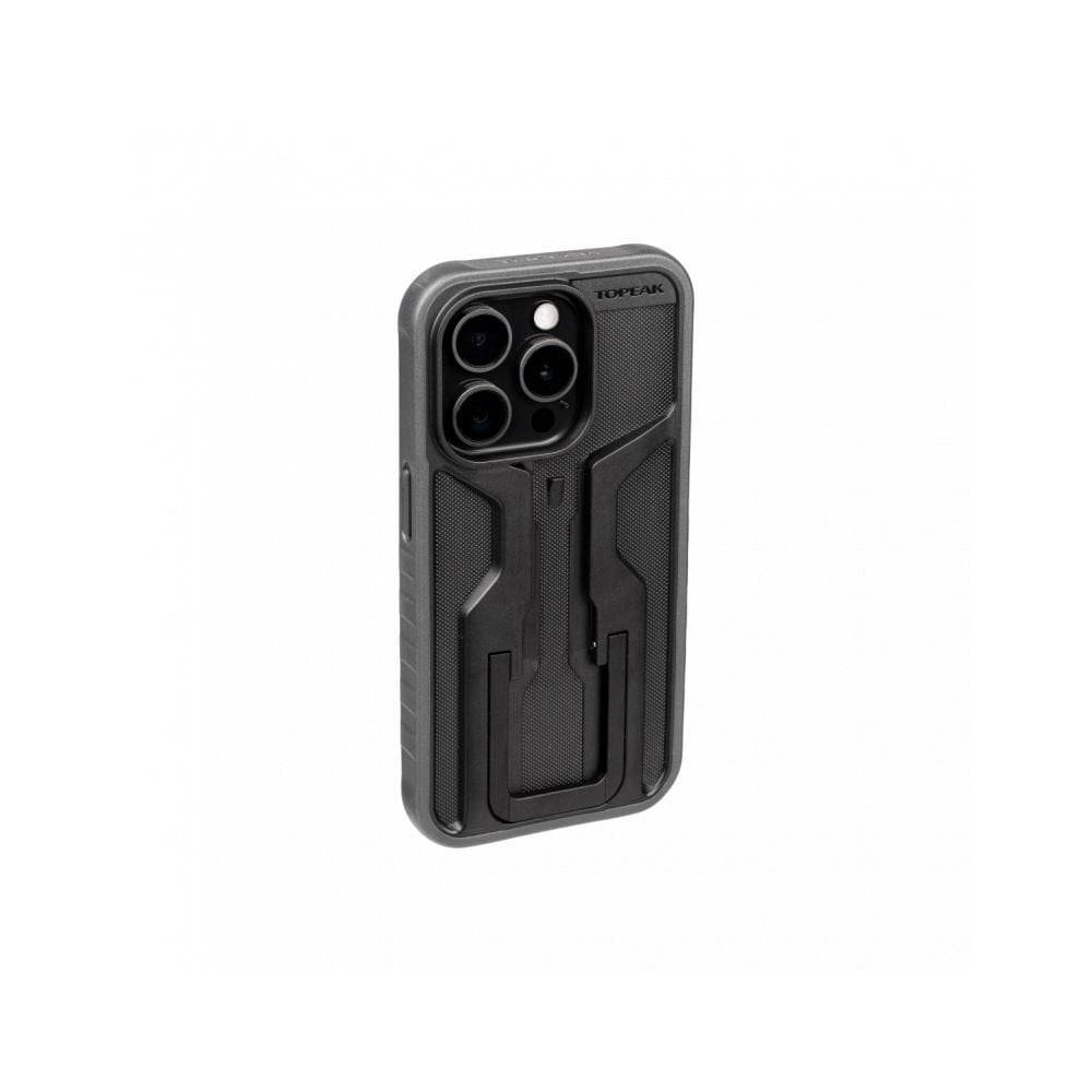 Topeak iPhone 15 PRO Ridecase in black with adjustable stand, protective accessories for secure smartphone mounting and viewing.