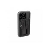 Topeak iPhone 15 PRO Ridecase in black with adjustable stand, protective accessories for secure smartphone mounting and viewing.