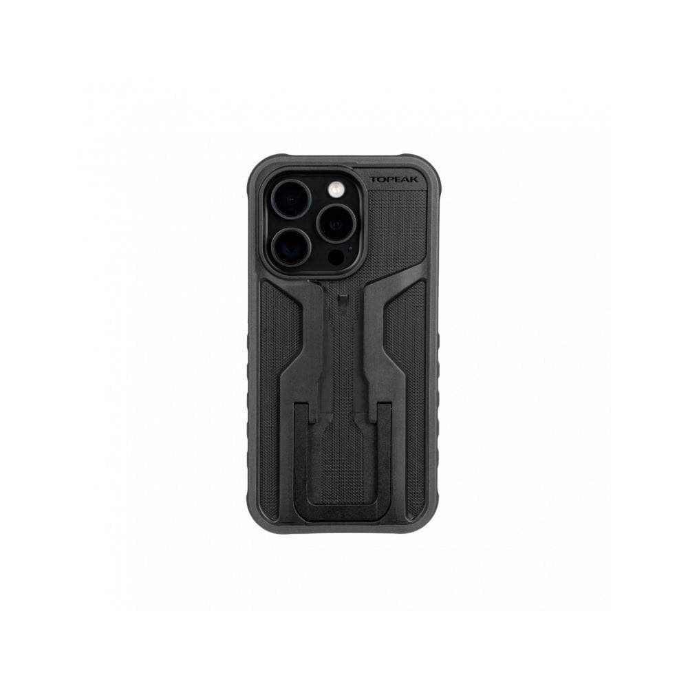 Topeak iPhone 15 PRO Ridecase in black with adjustable stand, protective case for cycling and outdoor use.