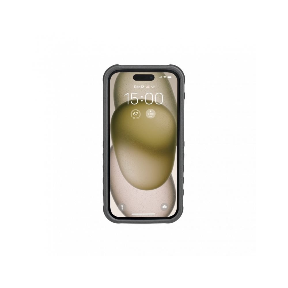 Topeak iPhone 15 RideCase black bike mount case with adjustable stand, designed for cycling accessories and smartphone protection.