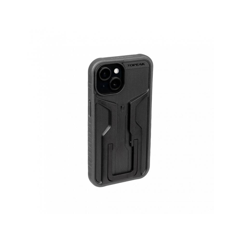 Topeak iPhone 15 RideCase black bike mount case with adjustable stand, designed for cycling accessories and smartphone protection.