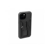 Topeak iPhone 15 RideCase black bike mount case with adjustable stand, designed for cycling accessories and smartphone protection.