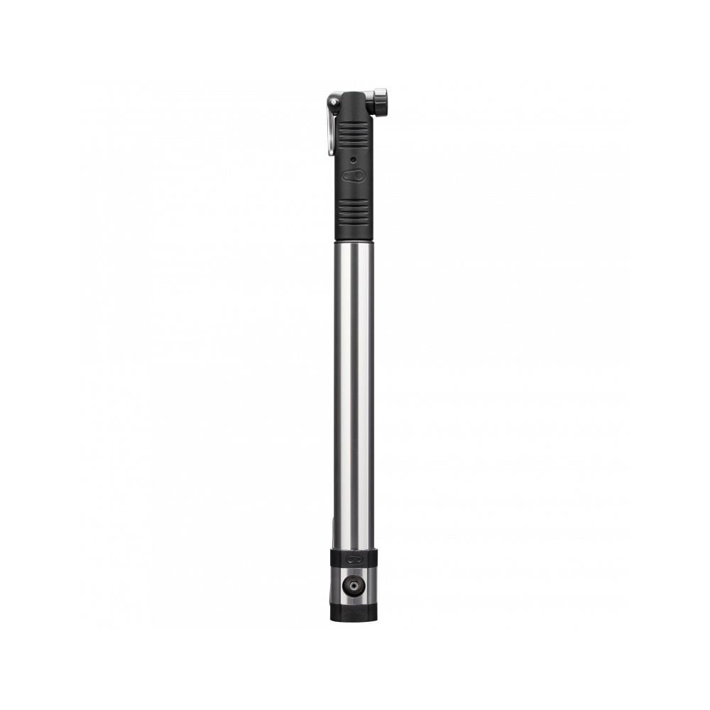 Crankbrothers Klic Mini Floor Pump in silver and black with magnetic hose, portable bike pump accessory for inflating tires.