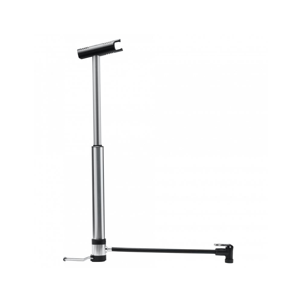 Crankbrothers Klic Mini floor pump in silver and black, portable bike pump with magnetic hose for easy inflation.