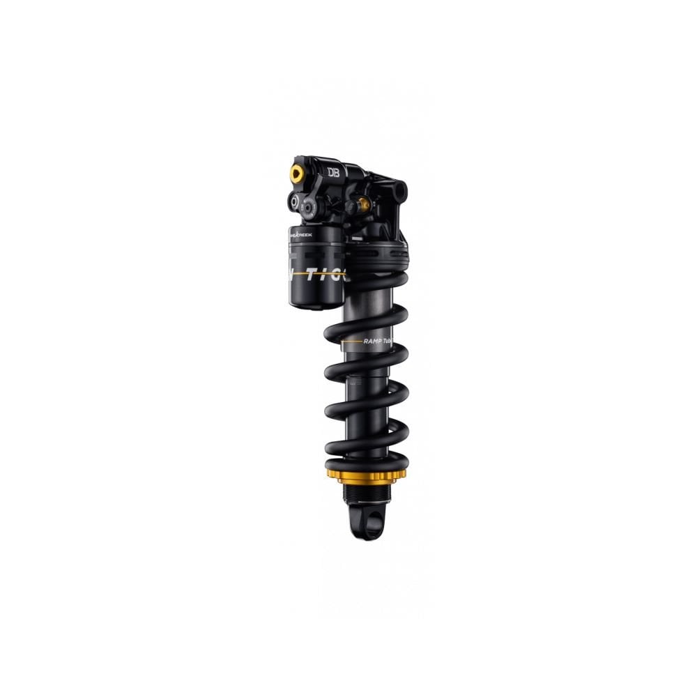 Cane Creek Tigon Coil Trunnion rear shock with air-charged coil and RAMP Tube technology for mountain bike suspension.