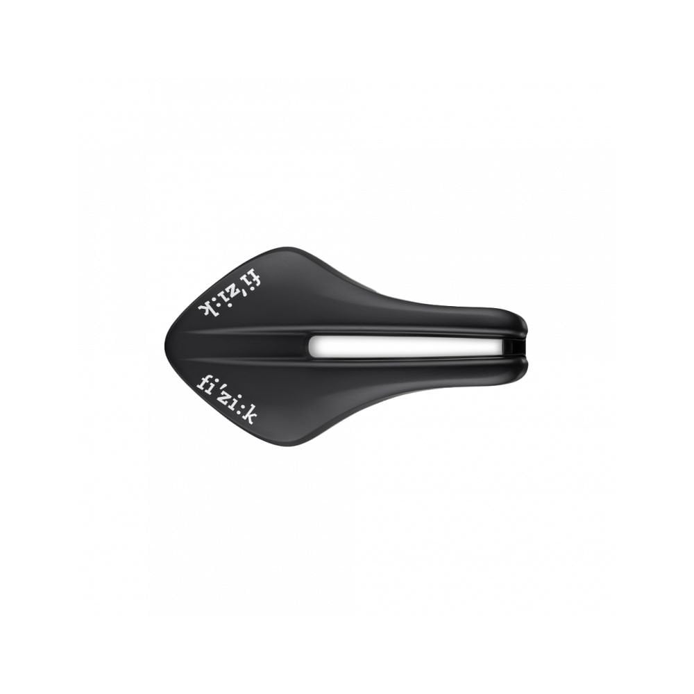 Fizik Transiro Aeris R3 Long Distance Triathlon saddle with split-nose design in black, designed for high-performance cycling comfort.