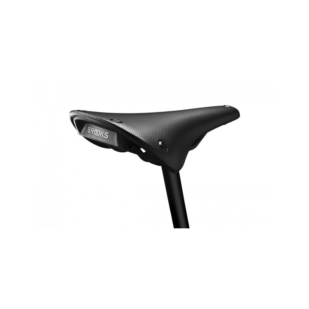 Brooks C15 Cambium all-weather black steel bike saddle with waterproof cover, 140mm width, suitable for durable cycling comfort.