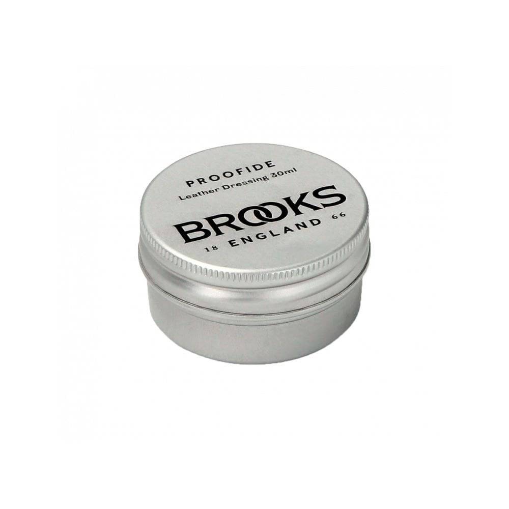 Brooks Proofide silver leather saddle conditioner and protector in 30ml bottle, designed for leather components and saddle care.