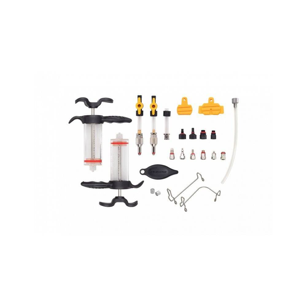 Jagwire Elite Mineral Oil Hydraulic Disc Brake Bleed Kit with syringes and bleed blocks for bicycle maintenance.