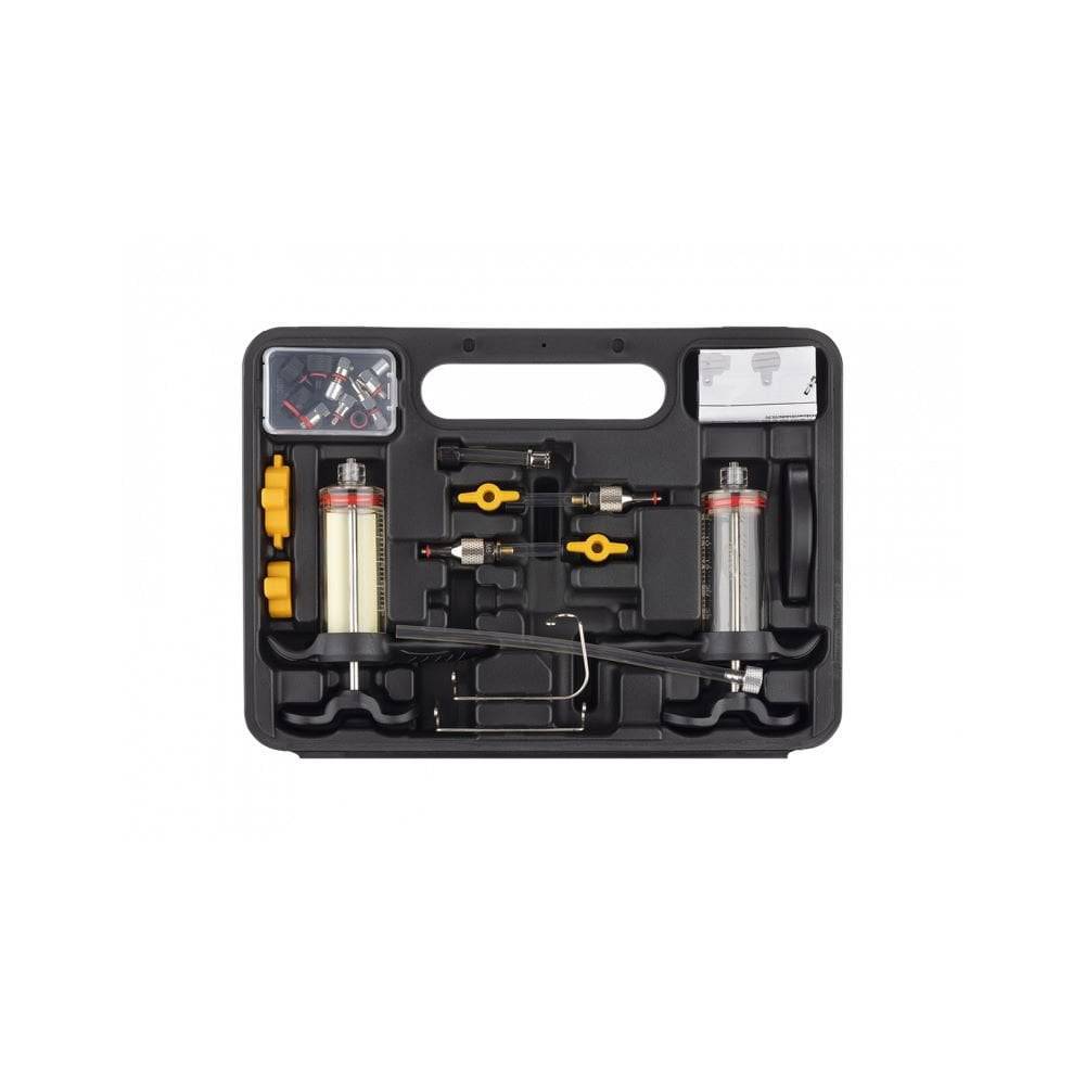 Jagwire Elite Mineral Oil Hydraulic Disc Brake Bleed Kit with syringes and bleed blocks for workshop brake maintenance.