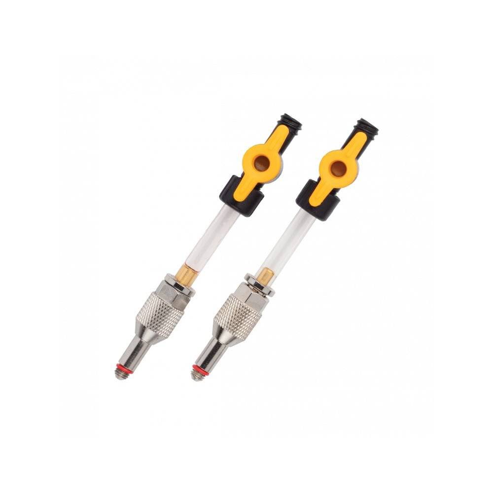 Jagwire Elite Mineral Bleed Kit replacement parts with 1/4 turn valve adapters, workshop bike maintenance tools.