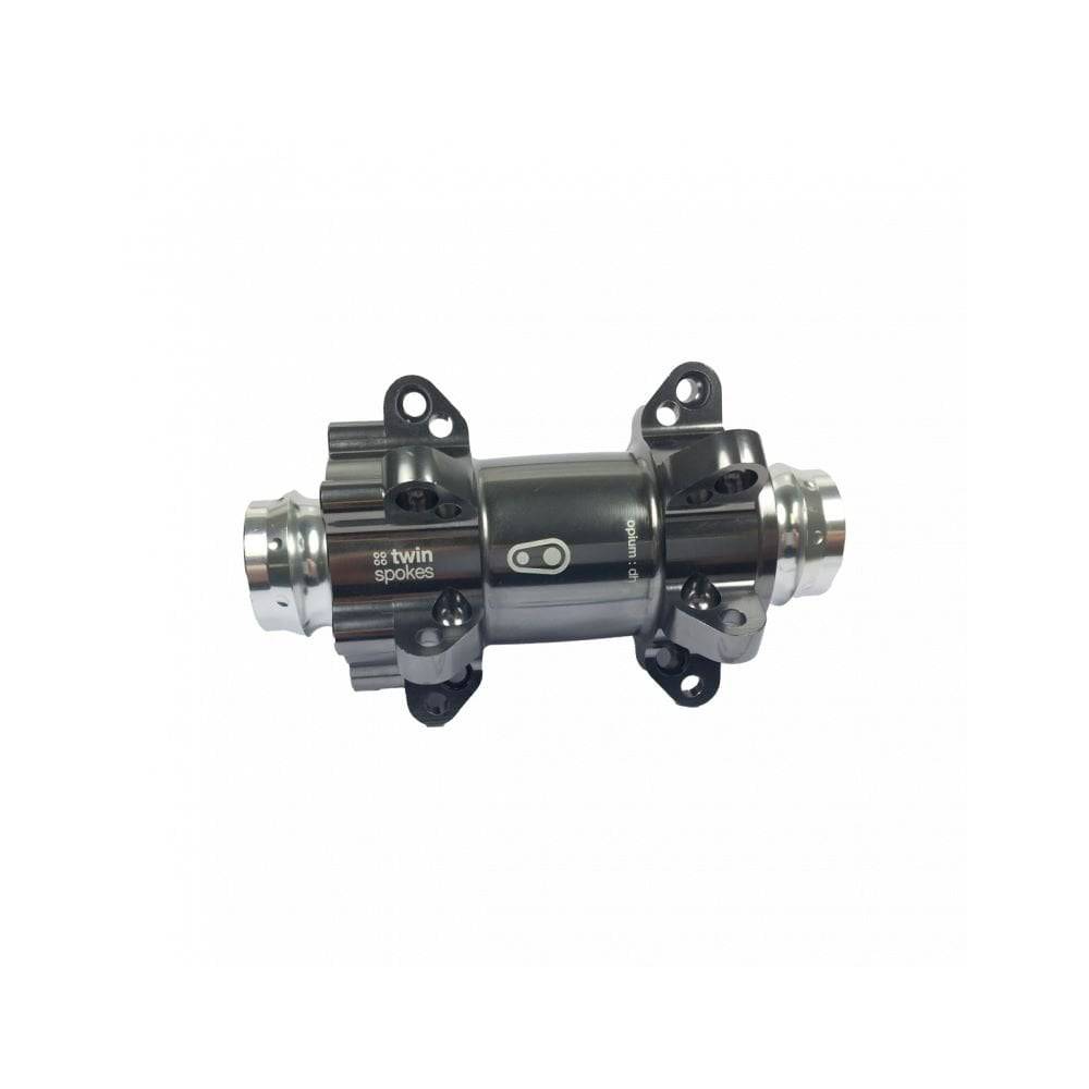 Crankbrothers Opium Grey front wheel hub for bikes, durable component with smooth ride performance, shown in close-up image.