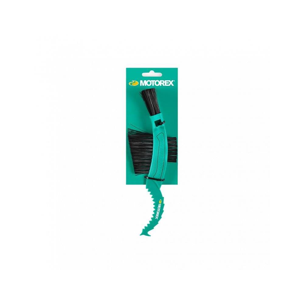 Motorex bicycle cleaning brushes set with hard, soft, and cassette brushes for detailed bike maintenance in a workshop setting.