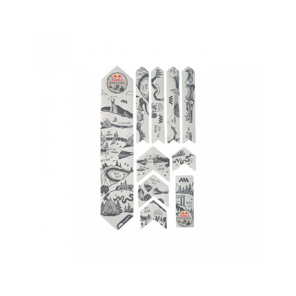 All Mountain Style Red Bull Hardline frame guard and sticker set for mountain bike protection and customization.
