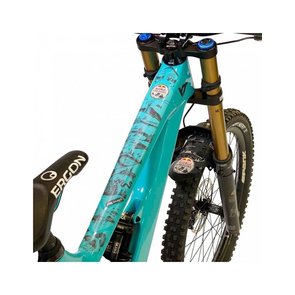 All Mountain Style Red Bull Hardline protection kit with frame guard and stickers for mountain bike accessories.