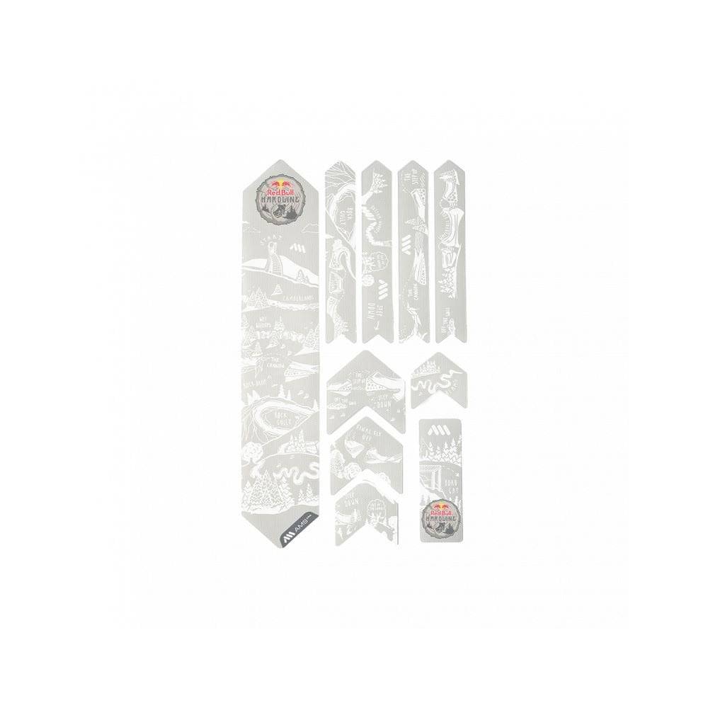 All Mountain Style Red Bull Hardline frame guard and stickers, mountain biking protection kit with vibrant red design and branding.