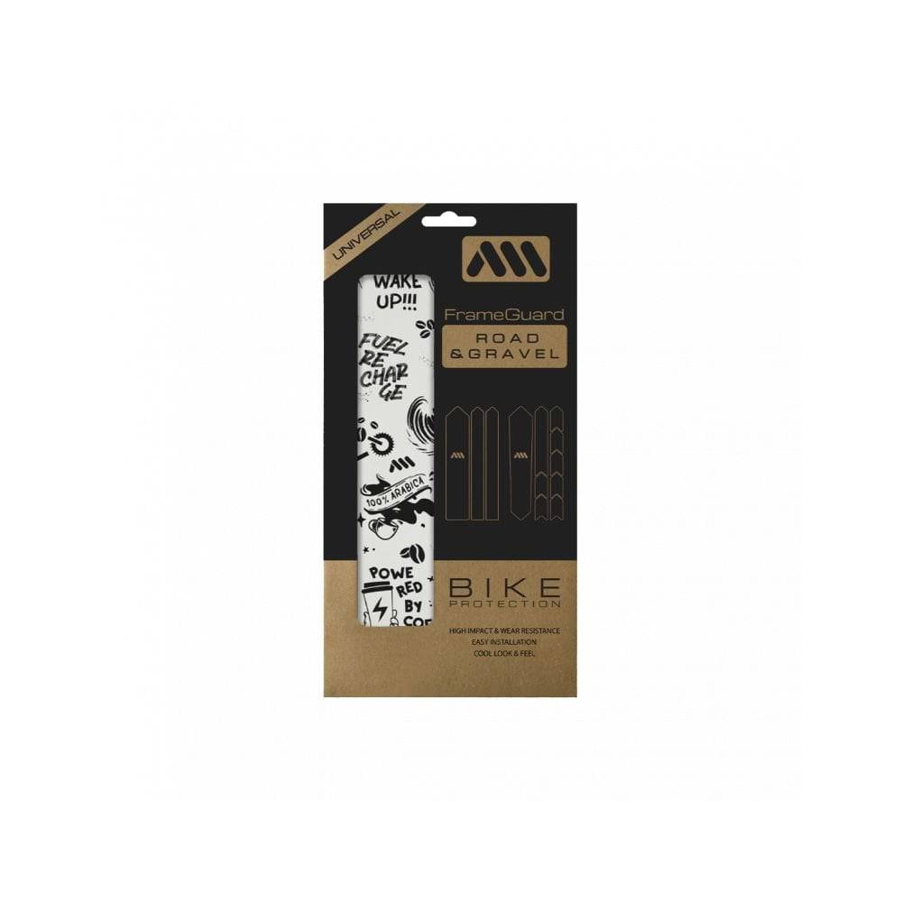 All Mountain Style frame guard stickers for gravel and road bikes, featuring protective accessories with colorful designs.