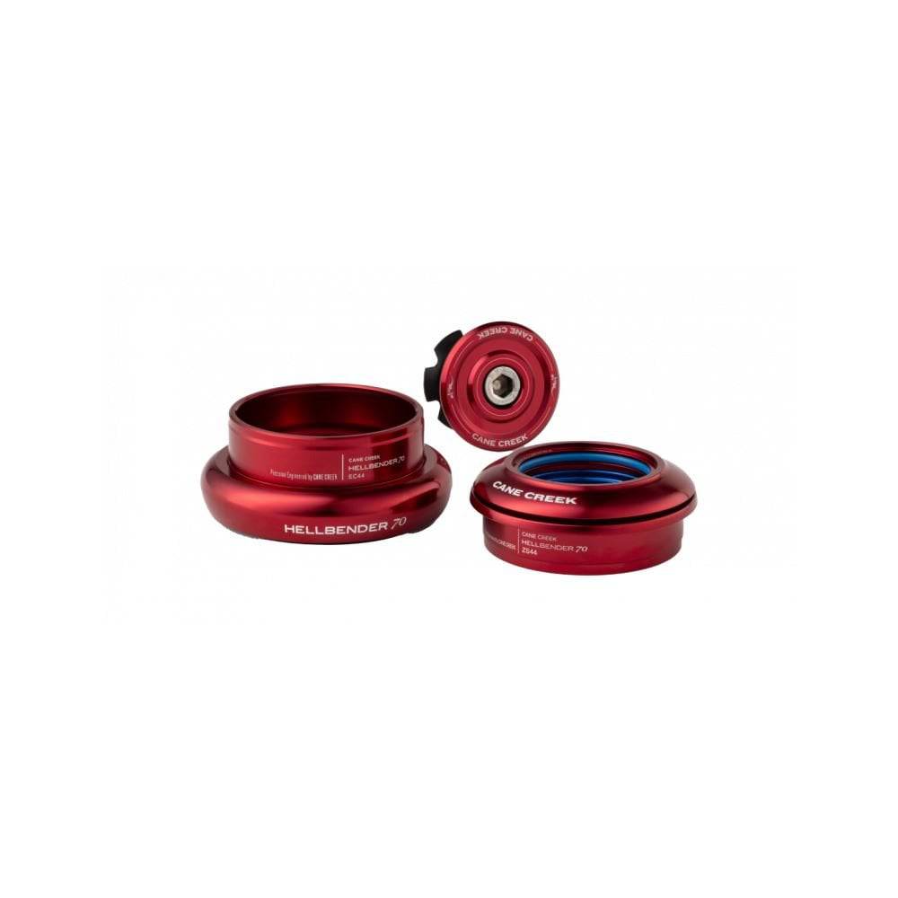 Cane Creek Hellbender 70 IS41/28.6 and IS52/40 headset with premium bearings for bicycle components, showing the assembled headset.