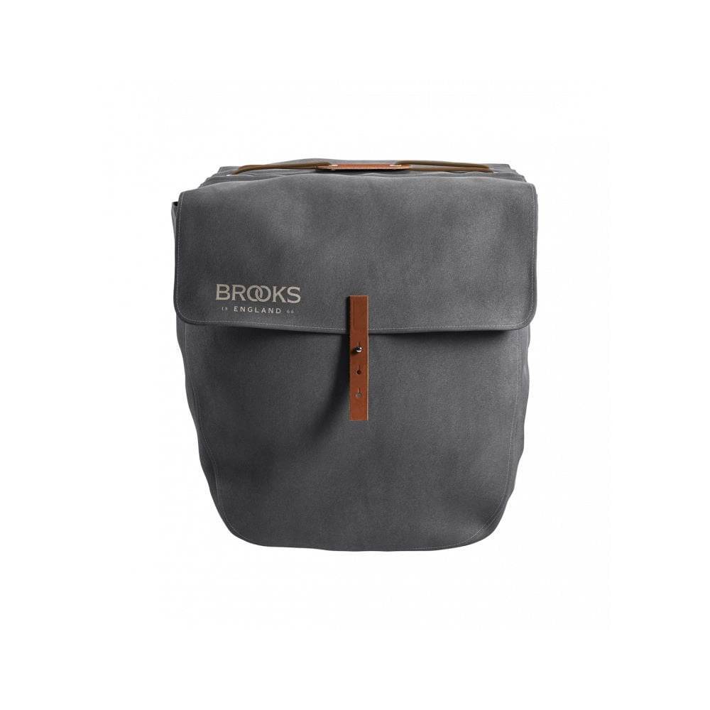 Brooks Brick Lane vintage-inspired water-resistant bike panniers set attached to bicycle rear rack, showcasing stylish cycling accessories.