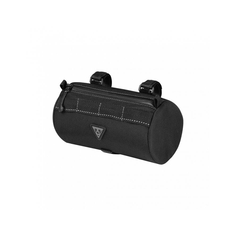 Topeak Tubular Barbag 1.5L handlebar bag with shock-absorbing foam and Molle straps, mounted on a bicycle handlebar.