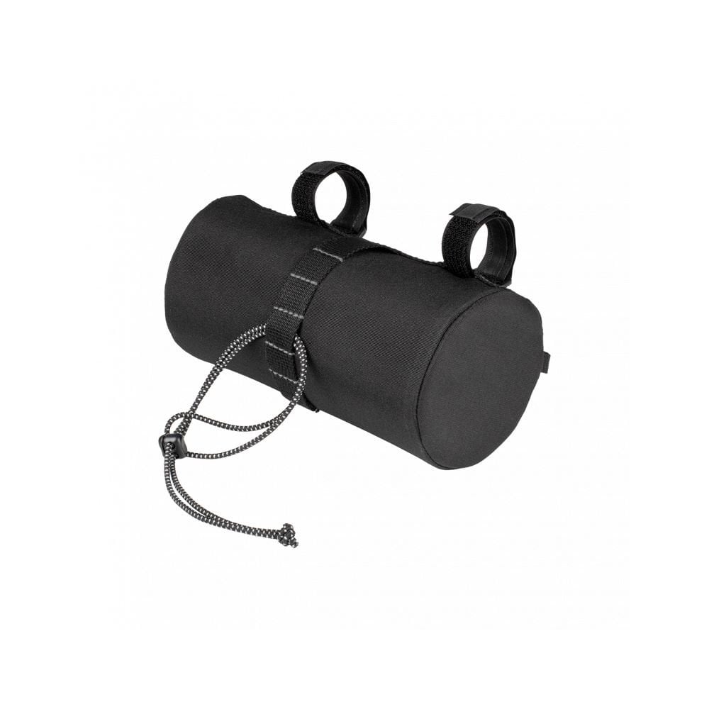 Topeak Tubular Barbag 1.5L handlebar bag with shock-absorbing foam and Molle straps attached to a bicycle handlebar.