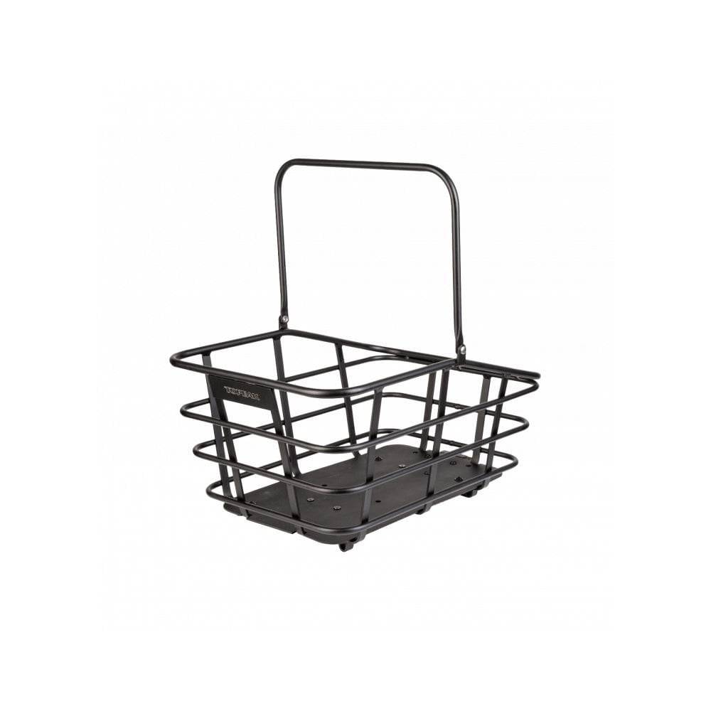 Topeak Urban Basket DX pannier bag attached to bike rack, designed for MTX QuickTrack, MIK, and Racktime racks.