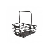 Topeak Urban Basket DX pannier bag attached to bike rack, designed for MTX QuickTrack, MIK, and Racktime racks.