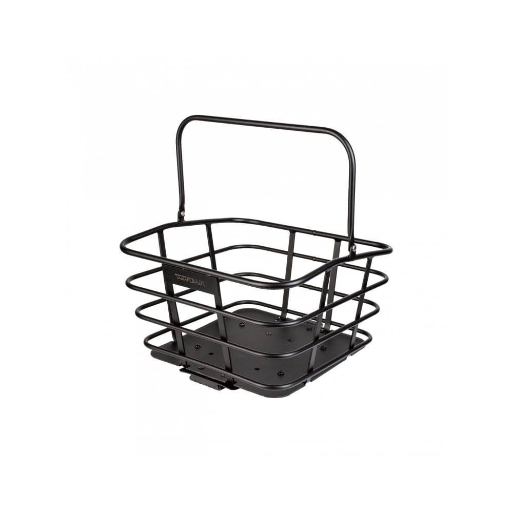 Topeak Urban Basket DX pannier bag with quick-release mount on a bicycle rack, designed for MTX, MIK, and Racktime racks.