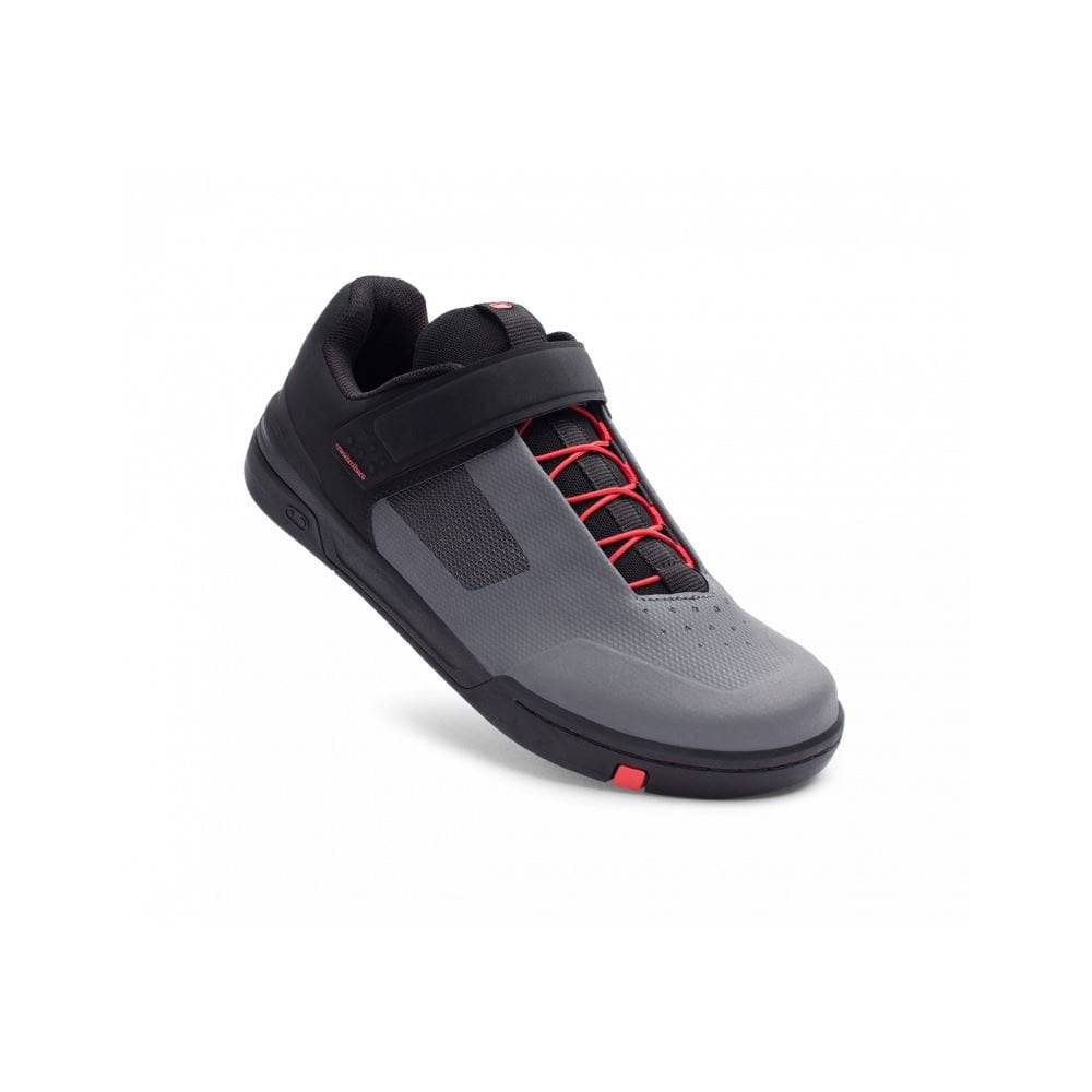 Crank Brothers Stamp Speedlace MTB flat pedal shoes showing black and red mountain biking footwear with quick-lace system