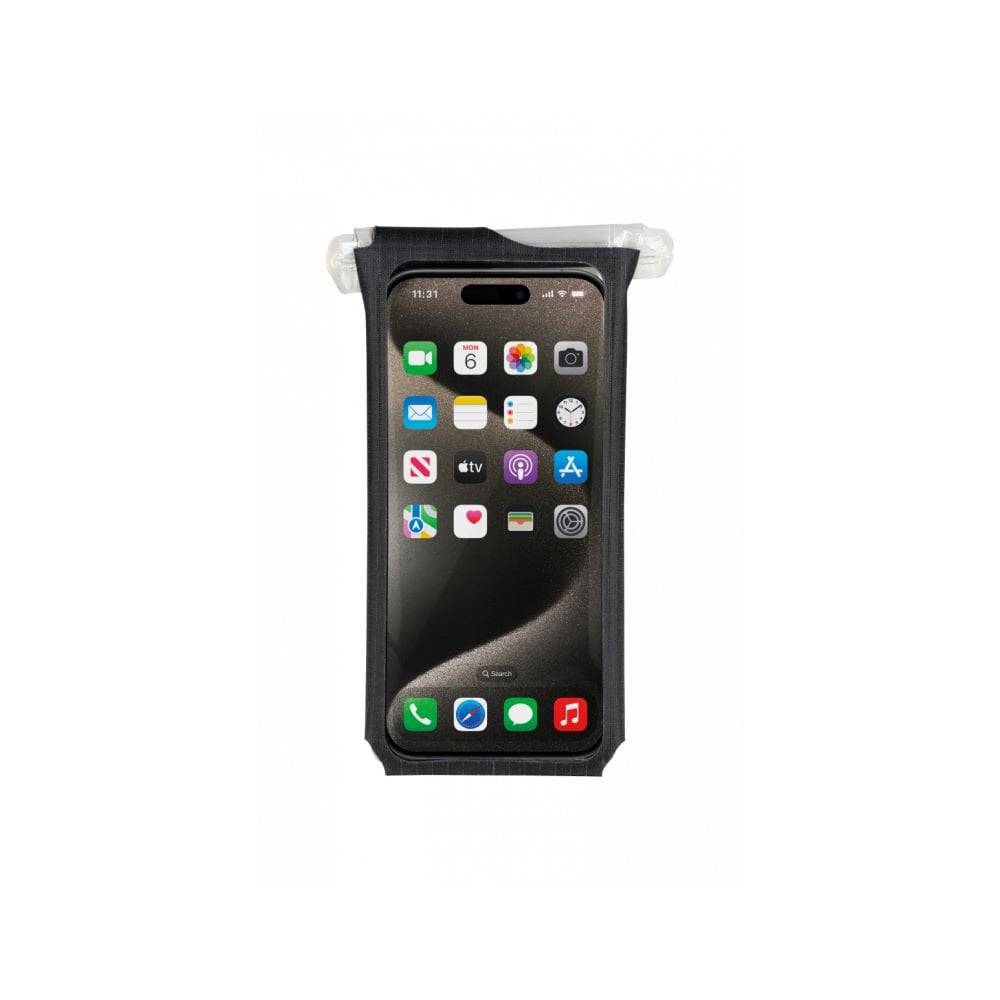Topeak waterproof phone drybag with QuickClick® mount, designed for smartphones up to 6.9 inches, protects in wet conditions.