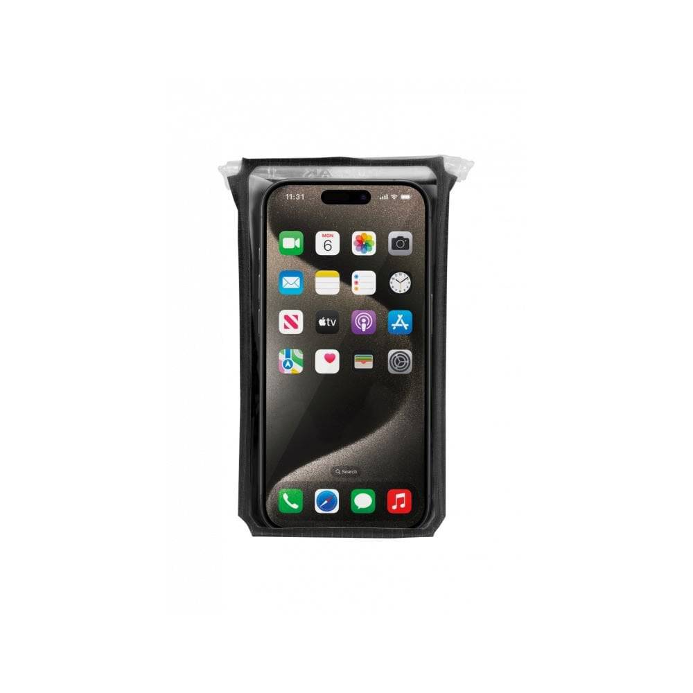 Topeak waterproof phone drybag with QuickClick® mount holding a smartphone up to 6.9 inches, designed for outdoor accessories.