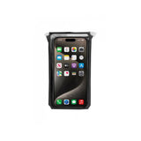 Topeak waterproof phone drybag with QuickClick® mount holding a smartphone up to 6.9 inches, designed for outdoor accessories.