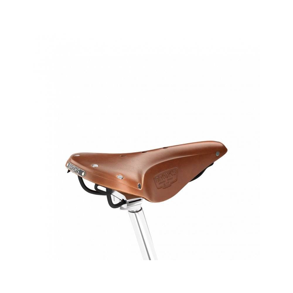 Brooks B17 Narrow saddle for sporty riders, lightweight and durable bike seat, close-up view of the Brooks leather saddle on a bicycle