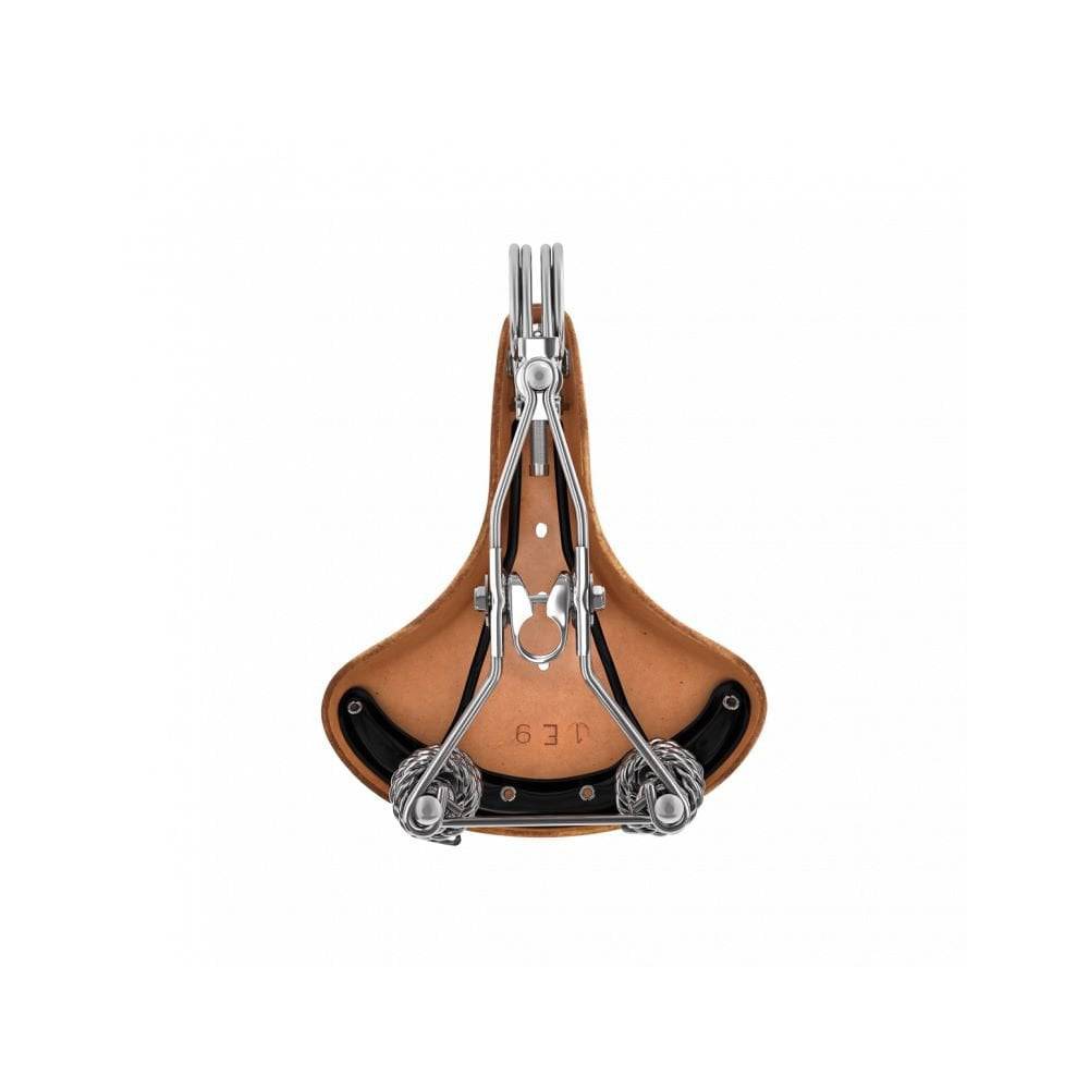 Brooks B33 saddle with rear coil springs and chrome rails, designed for comfort and durability in cycling components.