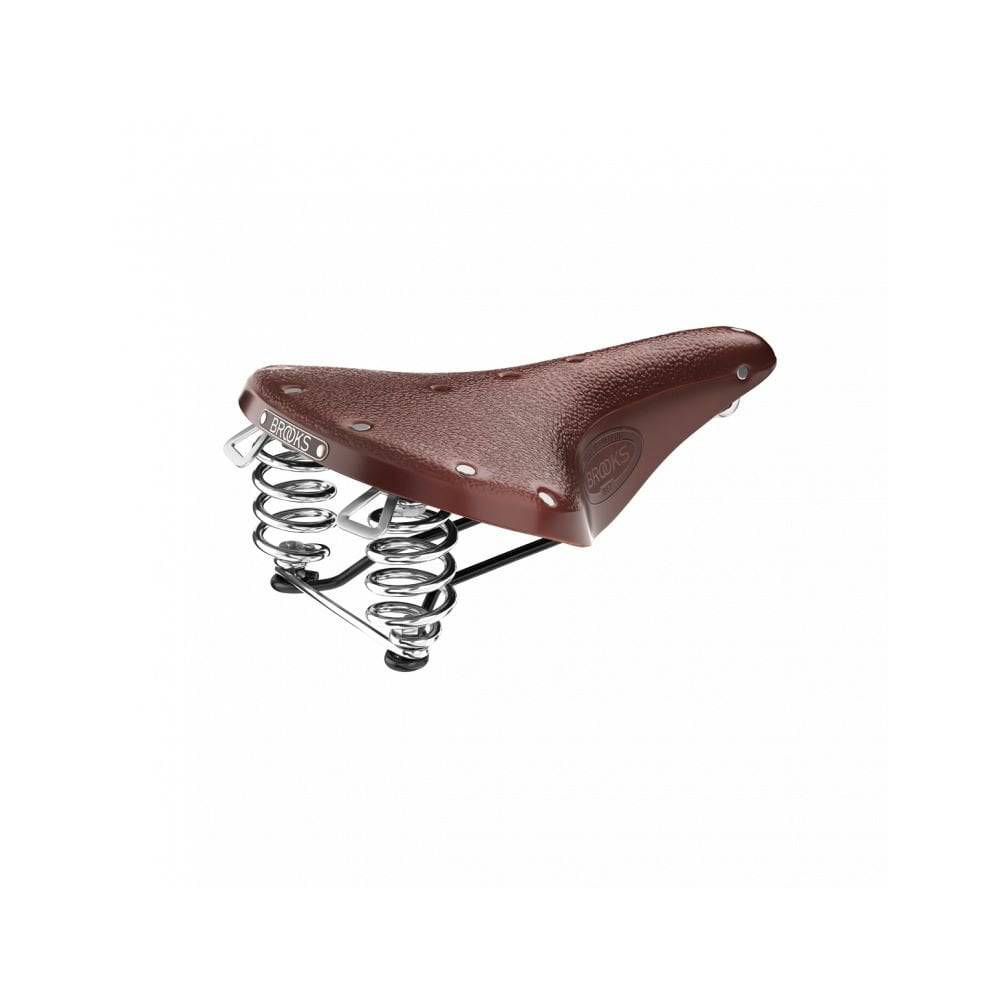 Brooks B67 coil spring saddle with chrome rails, designed for micro-adjust seat posts, bicycle comfort component.